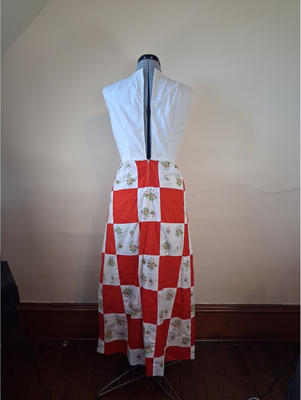 1970s Vintage Dress, Strawberry Checkered Sun Dress, Maxi Patchwork Dress Sz S - Picture 9 of 9